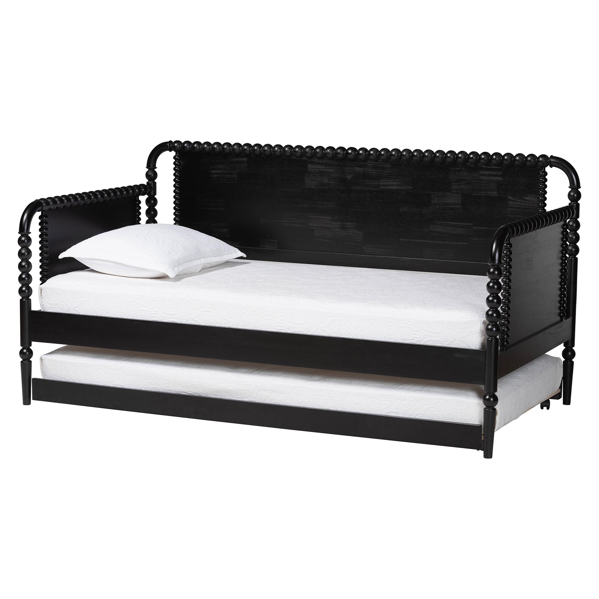 Baxton Studio Lucera Bobbin Daybed with Rolling Trundle - Wooden Bed Frame with Turned Spindle Detailing, Classic Style Sofa Bed for Bedroom or Guest Room, Twin, Black Affordable modern furniture in Chicago, classic bedroom furniture, modern twin size, cheap twin size